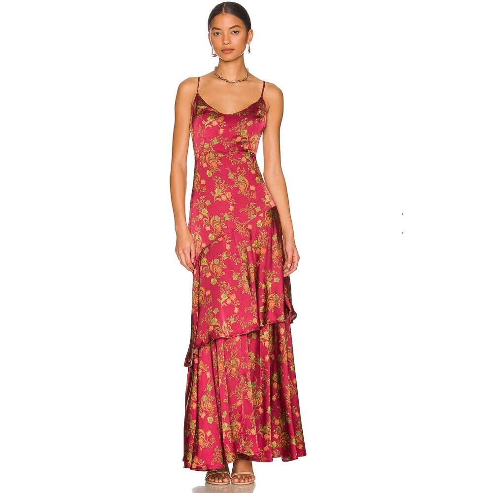 House of Harlow 1960 X REVOLVE Alaia Maxi Dress Red Satin Floral Size XS Ruffle